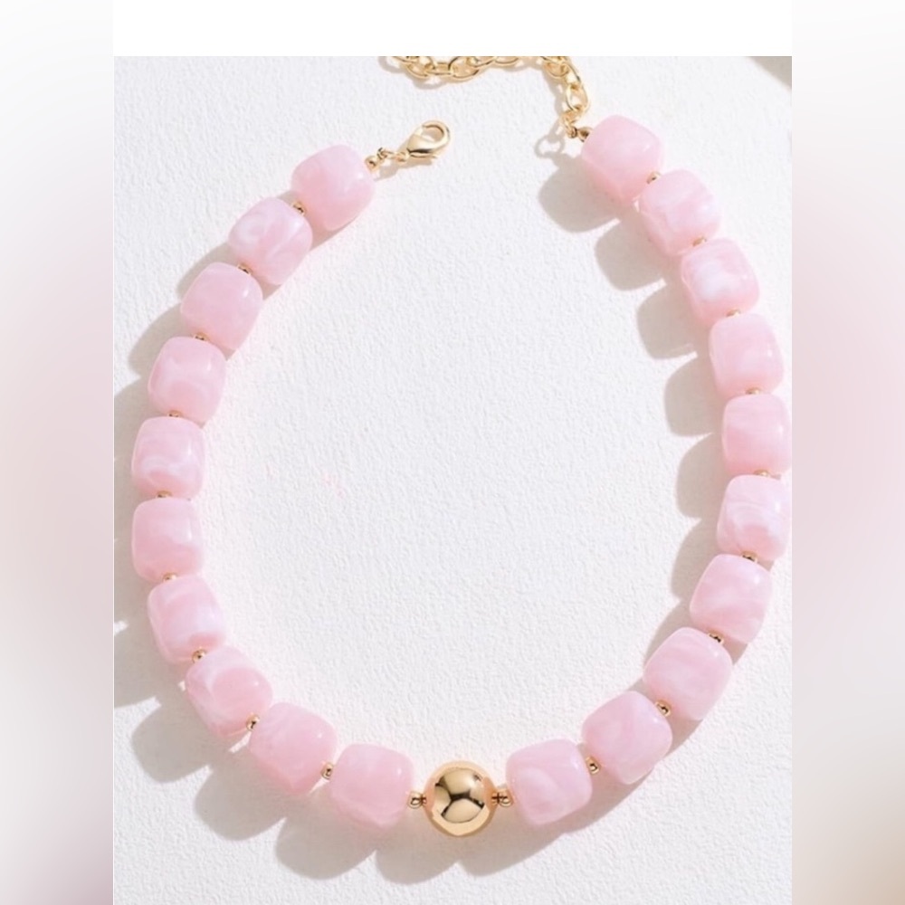 Pink Marbled Dopamine Beaded Gold Accent Necklace new